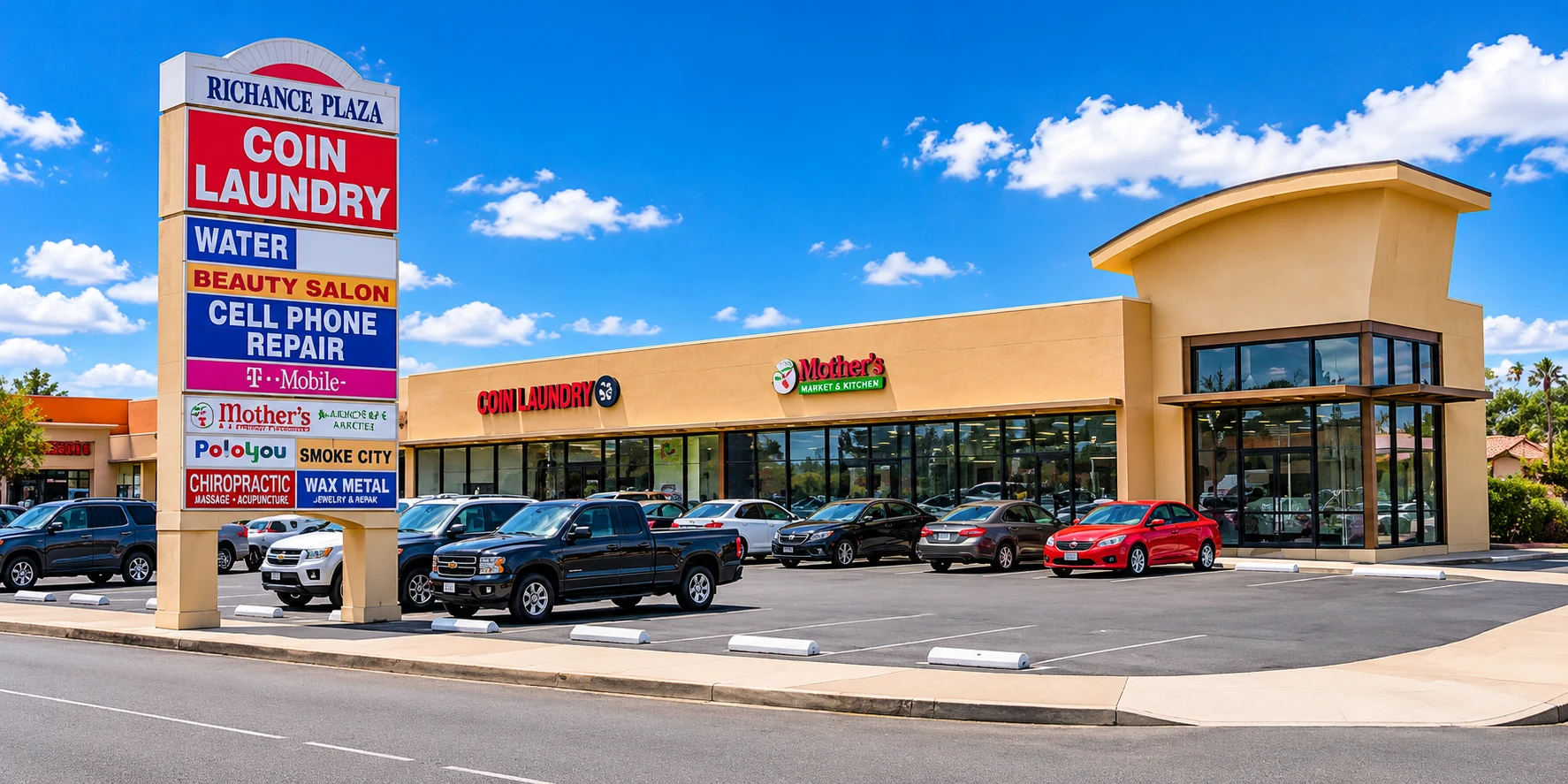 Complete view of Richance Plaza and its roadside sign