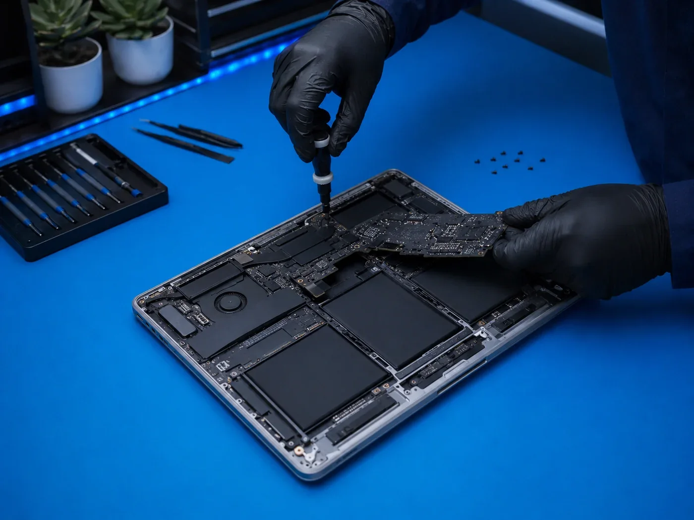Technician servicing a laptop in a professional workspace