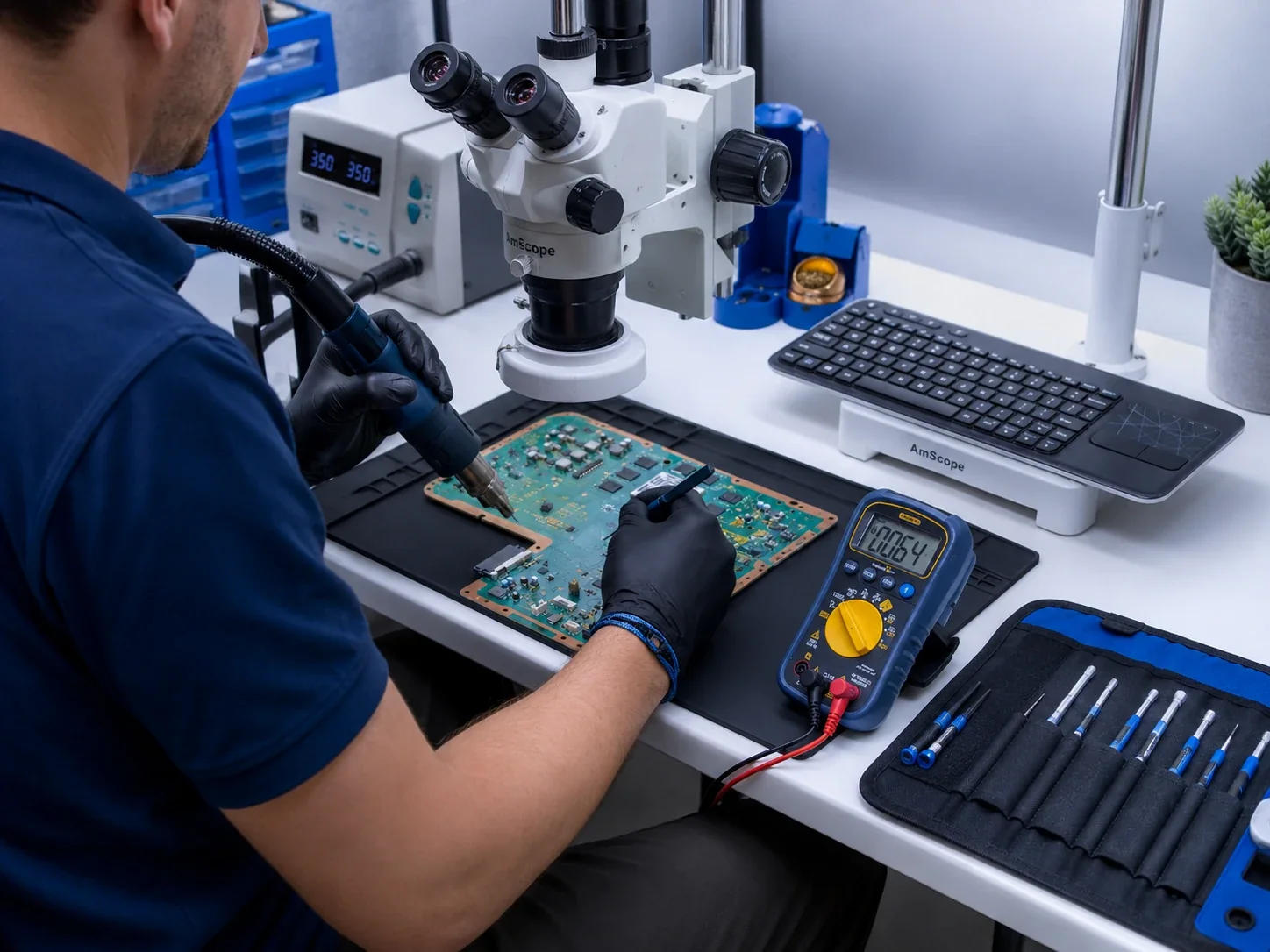 Professional diagnostic workspace with microscope and precision tools