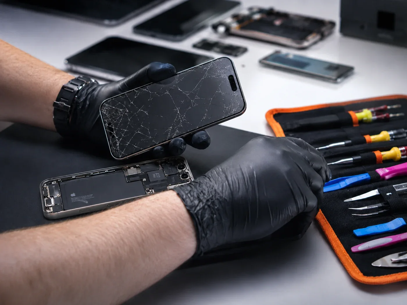 Technician carefully inspecting a damaged phone